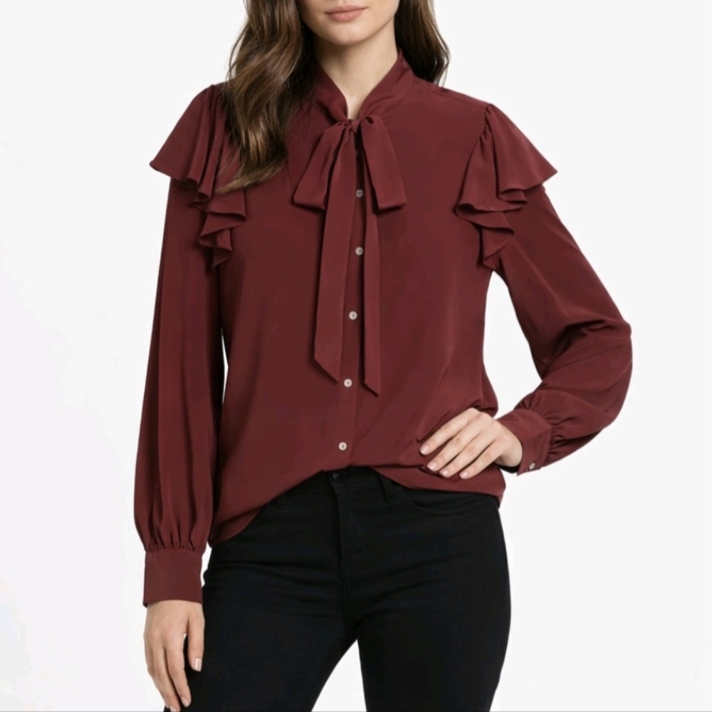 Vineyard Vines Blouse Maroon Silk Crepe De Chine Tie Neck Size M NEW